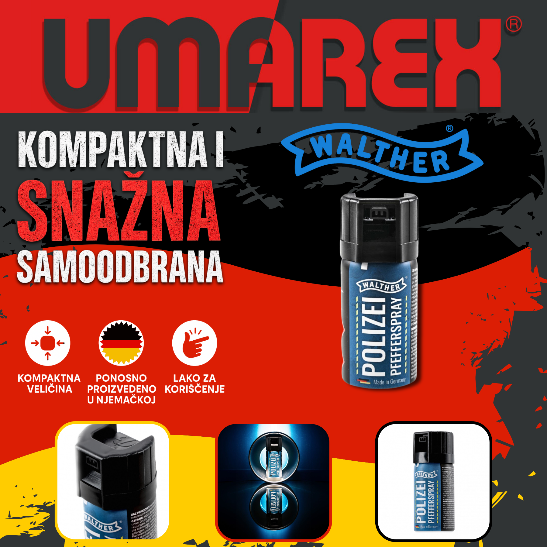 Walther Polizei 40 ml je njemački biber sprej s dometom od 4 m, koji ispušta oblak oštrog kapsaicina koristeći univerzalnu konusnu mlaznicu.